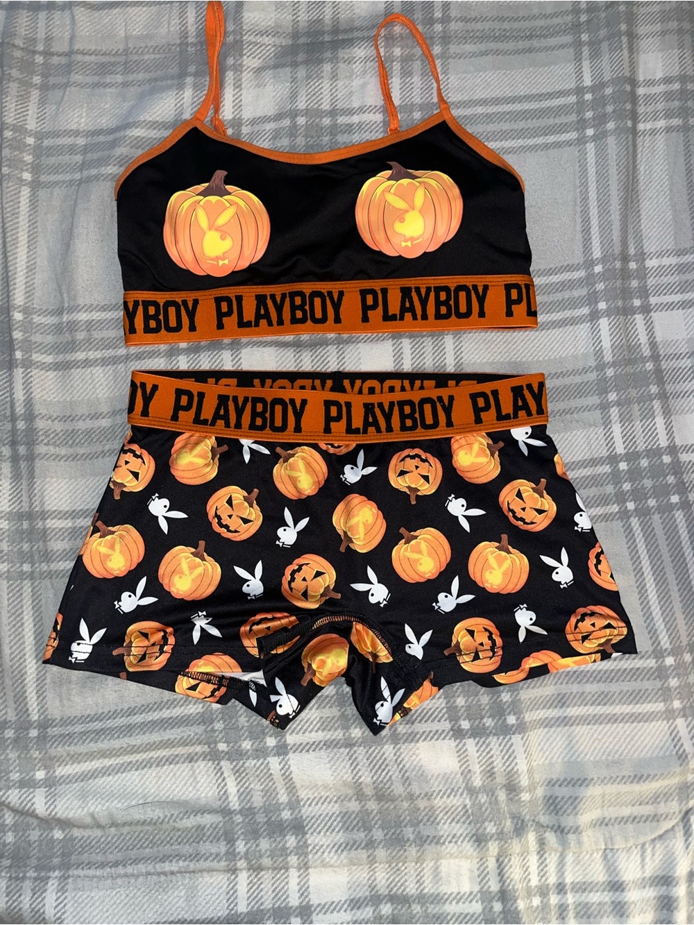 Playboy Women Halloween Pumpkin Bralette & Shorts Set - Black/Orange